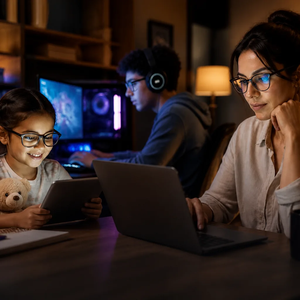 Kivlens users — kids, gamers and professionals wearing blue light glasses