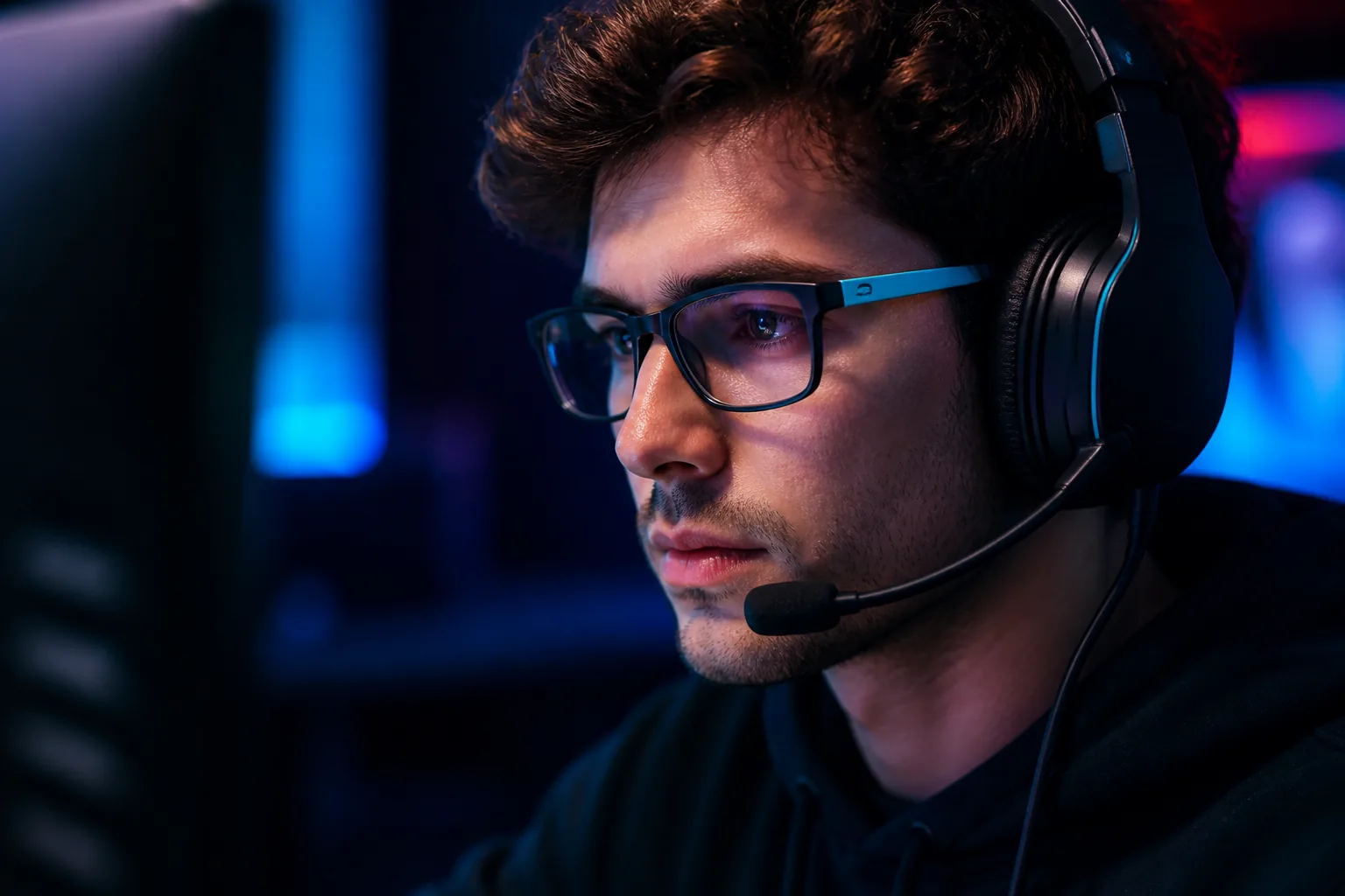 Esports gamer wearing Kivlens gaming blue light glasses