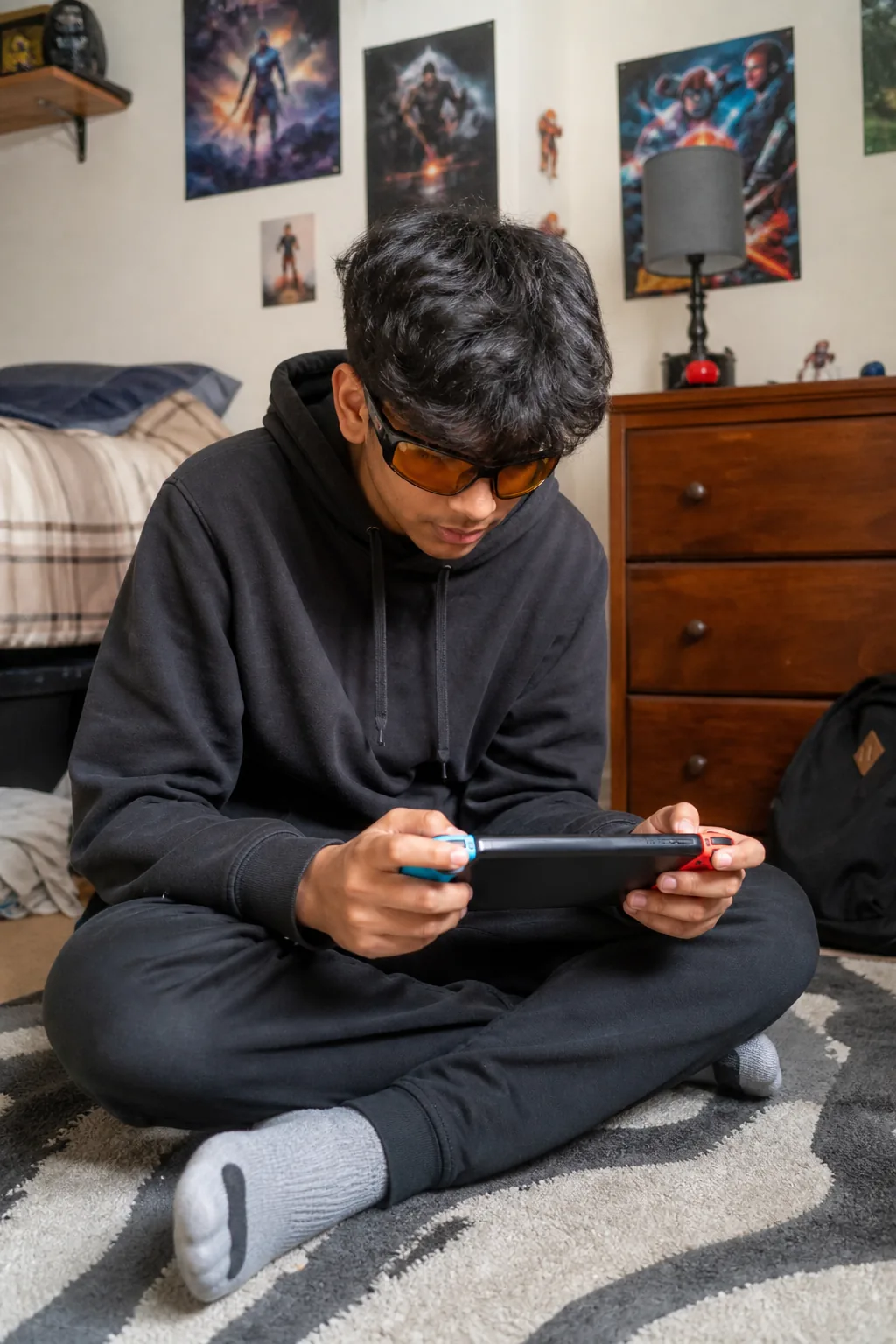 Teen boy with amber glasses playing Switch