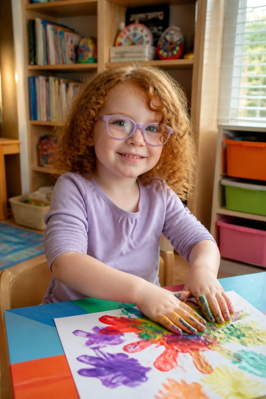 Girl with lavender glasses doing finger painting