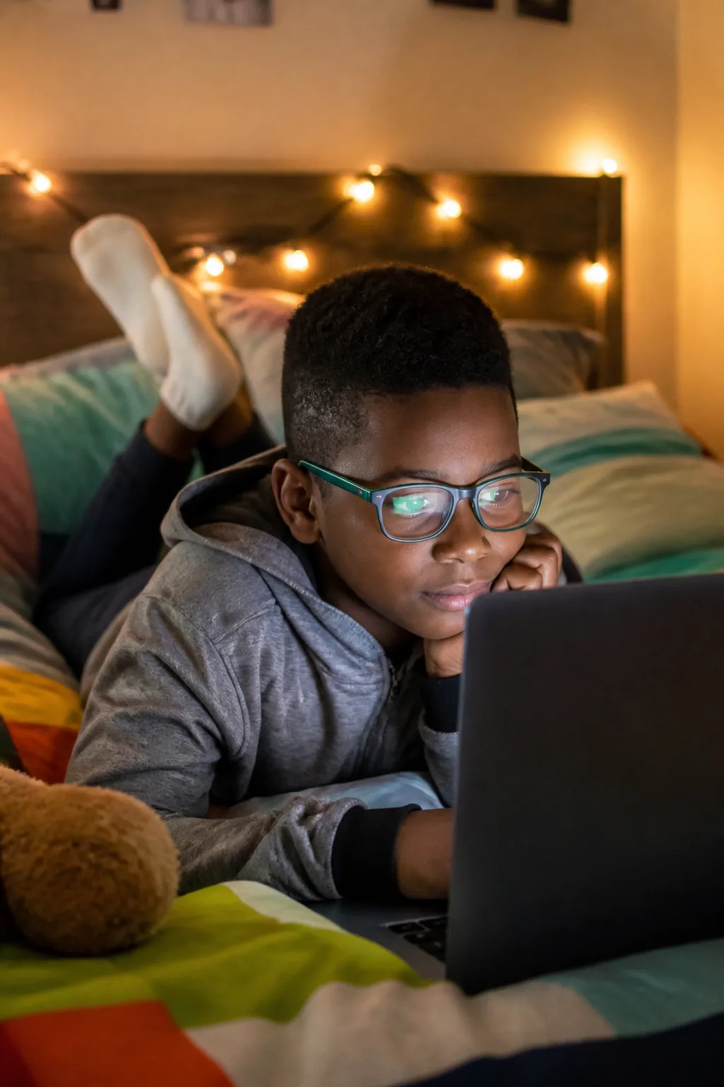 Boy watching laptop with green glasses