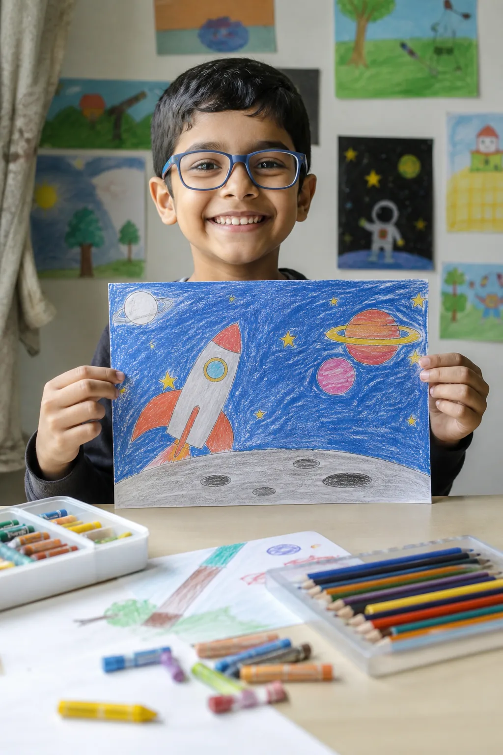 Indian boy proudly showing drawing in blue glasses