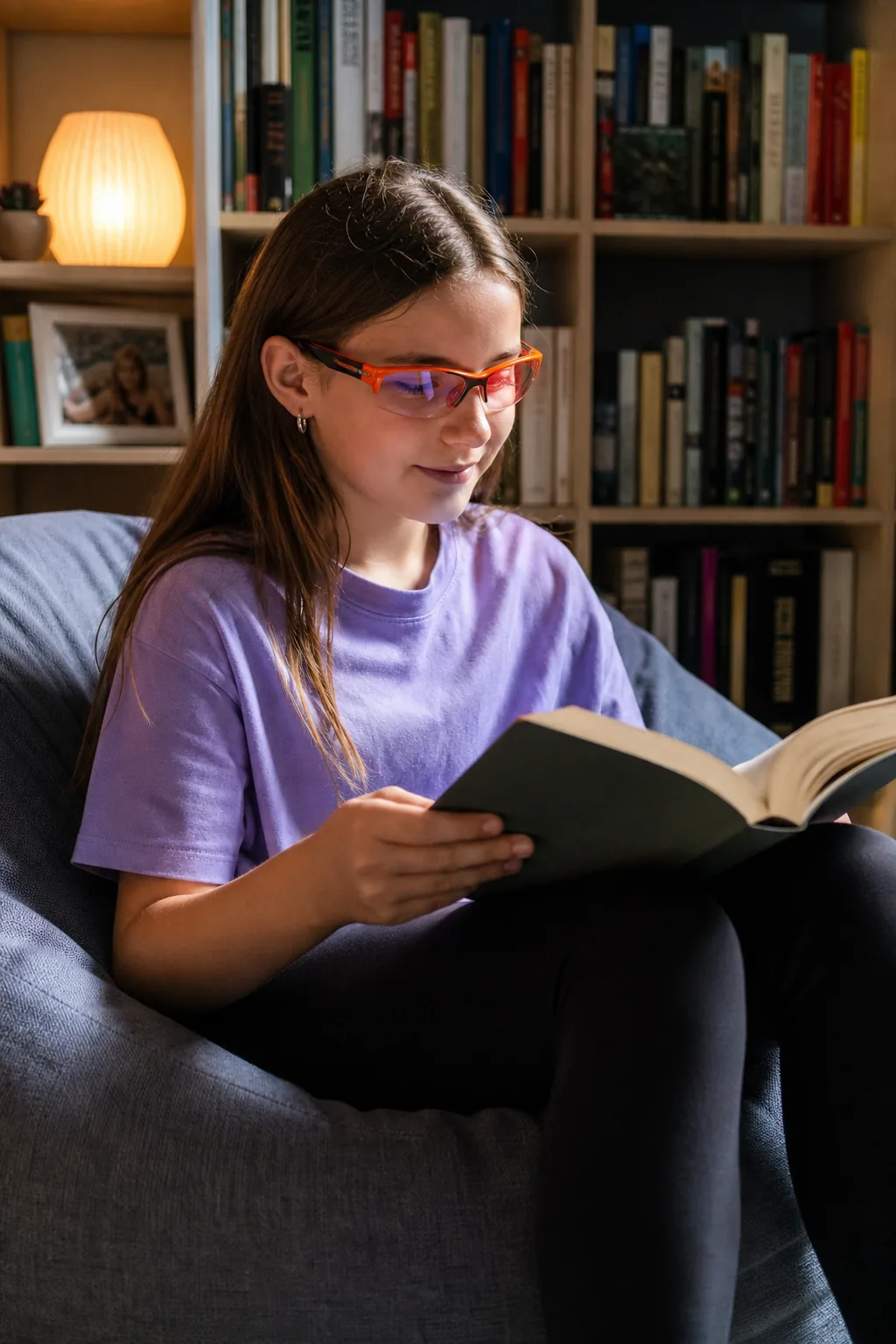 Teen girl reading in beanbag with orange glasses