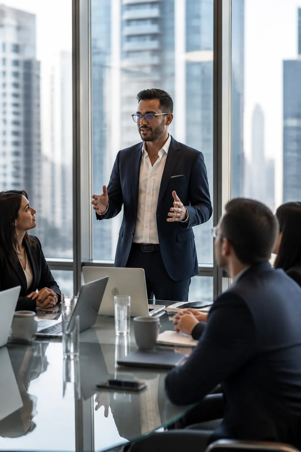 Male CEO presenting in glass conference room with metal-frame glasses