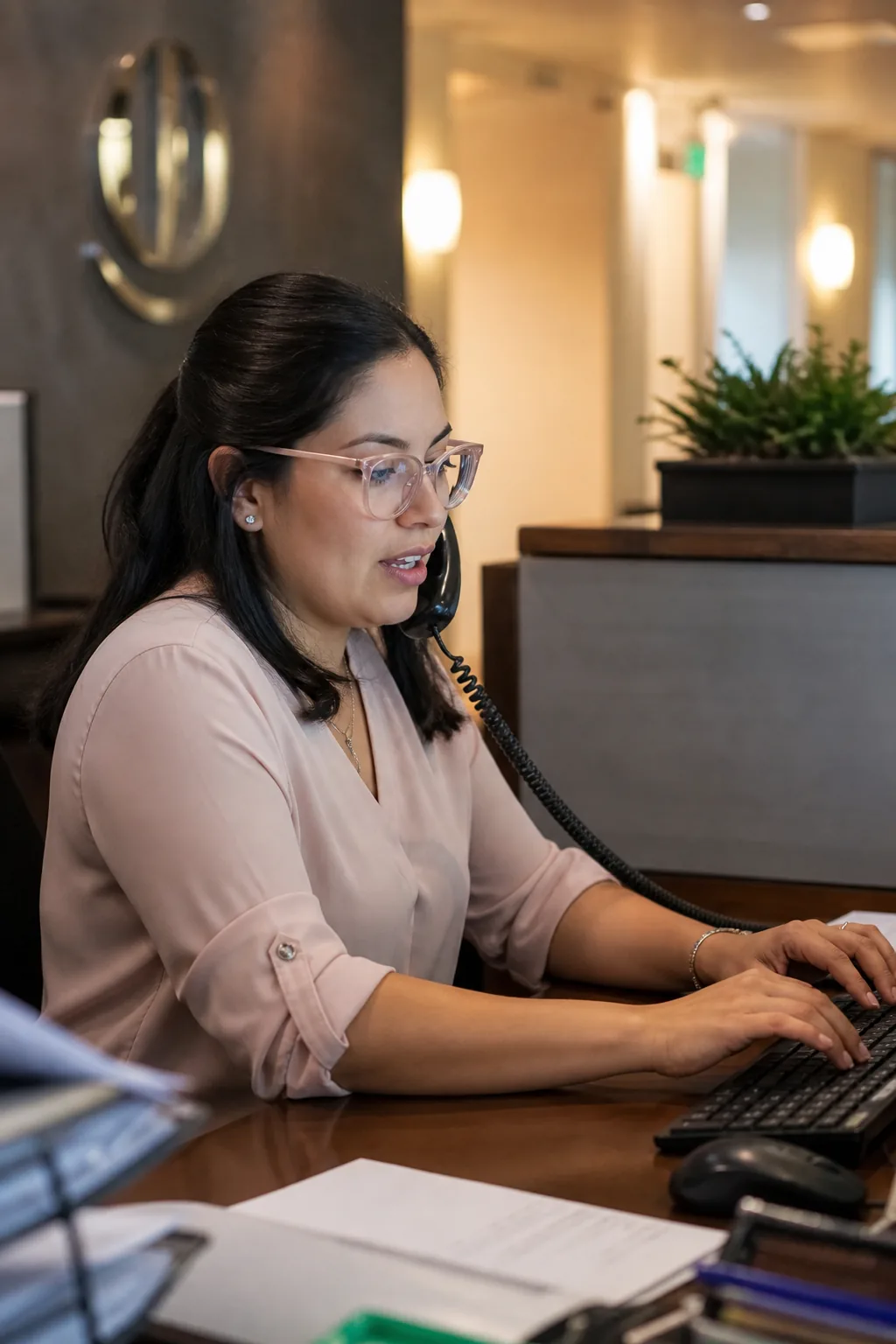 Hispanic secretary on headset multitasking with pink-frame glasses