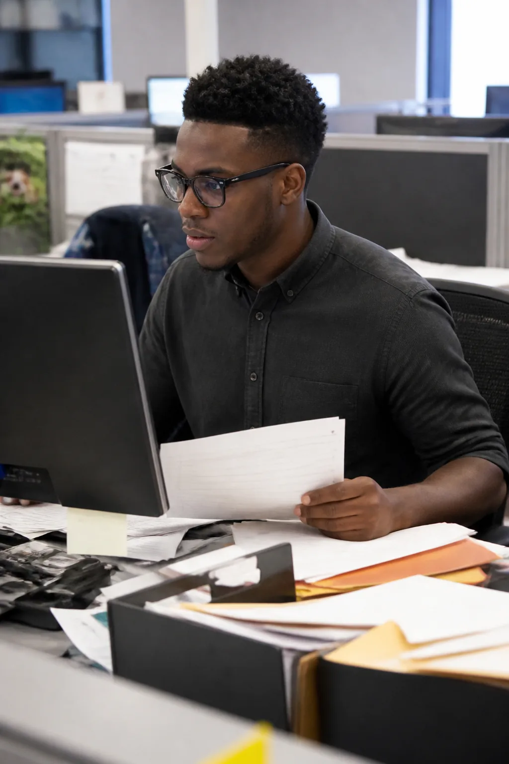Black male clerk sorting files in cubicle with clear-lens glasses